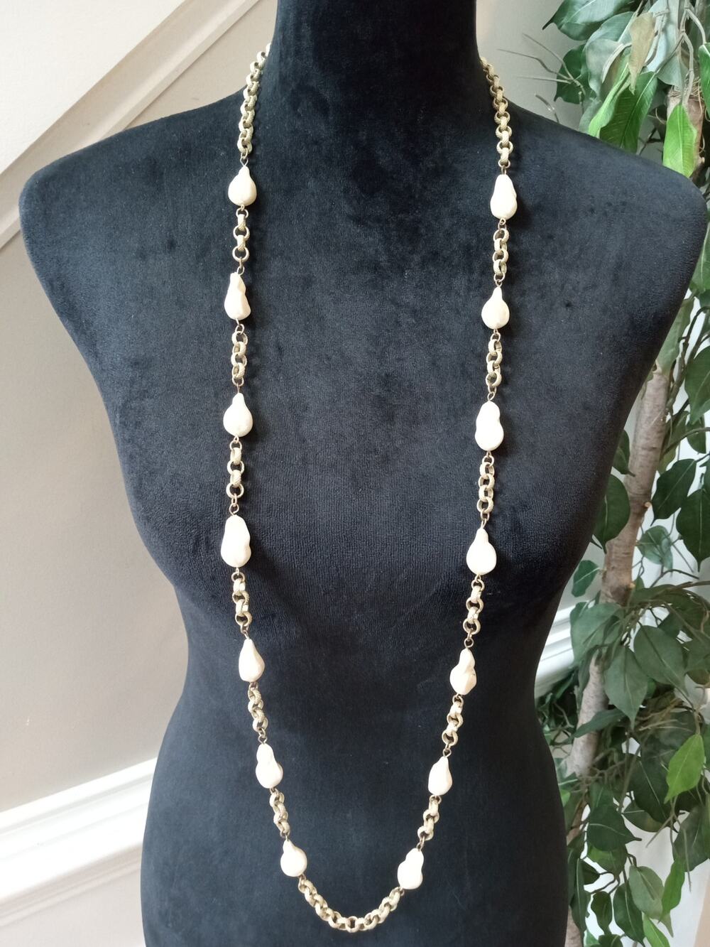 Chico's Long Gold Tone Chain Necklace White Bead Stations Boho Statement Jewelry
